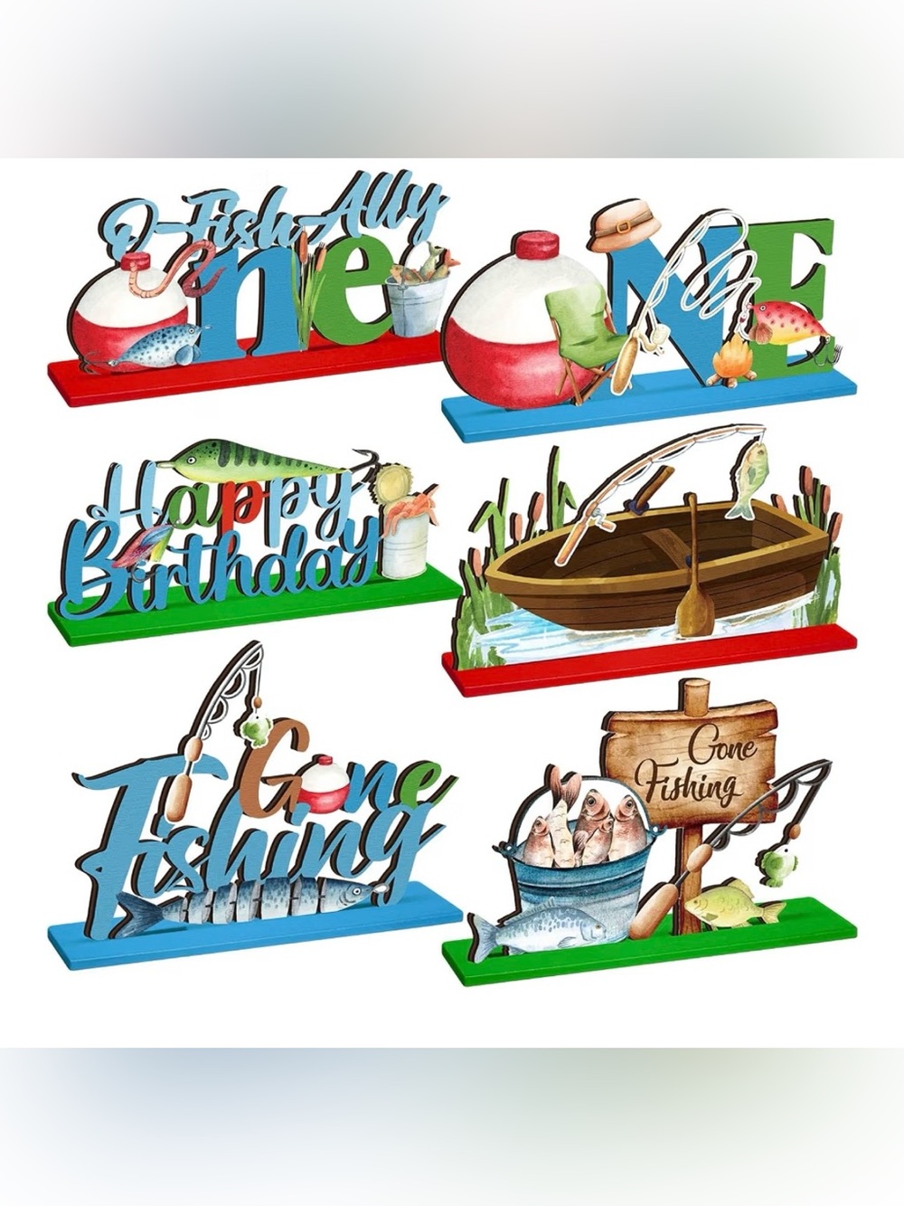 6 Pcs Wooden Birthday signs - decorative item - Fishing Theme